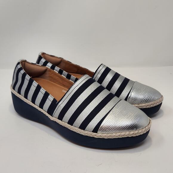 FitFlop Women Dahlia Metallic Stripe Espadrille Shoe Size 7 Slip On Blue Silver - Picture 1 of 8